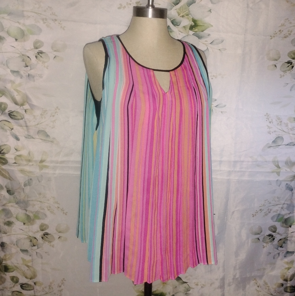 Rafaella Pink and Aqua Striped Pleated Tank Top